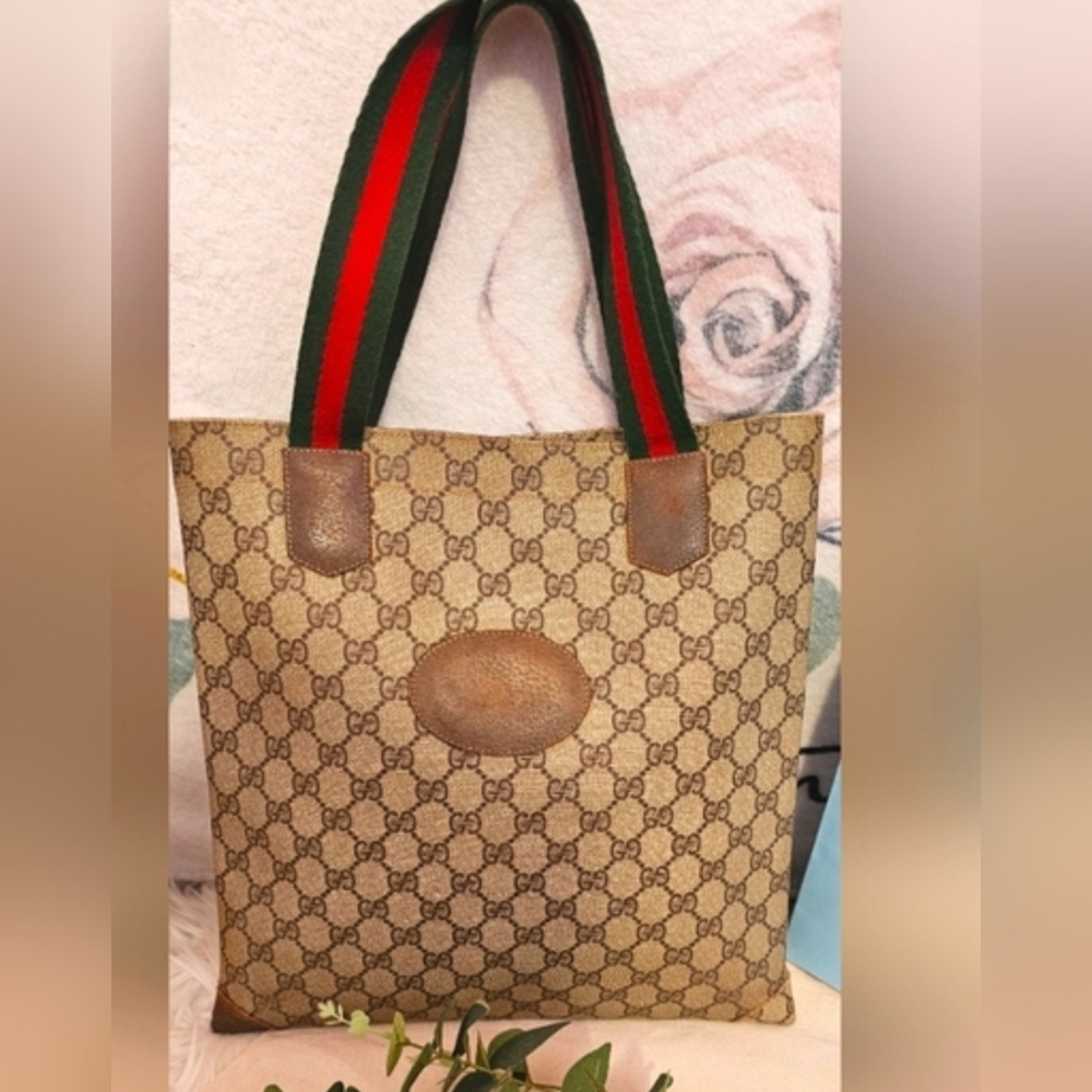 Gucci Beige and Brown Tote Bag with Red and Green Straps GUC